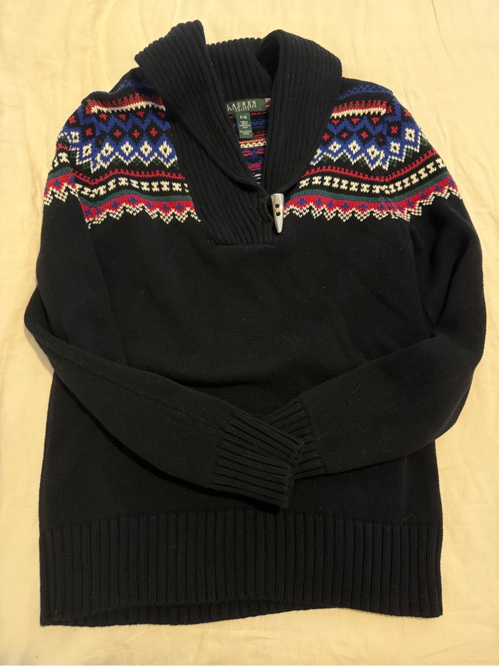 Lauren Ralph Lauren Navy Shawl-Collar Fair Isle Sweater EUC 1361